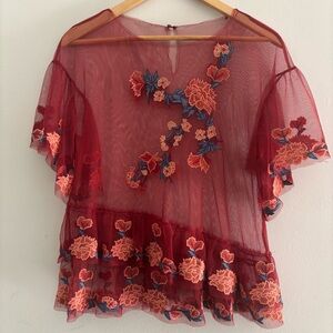 Zara Sheer Embroidered Floral Top Cropped Bohemian Festival Hippie Boho Romantic